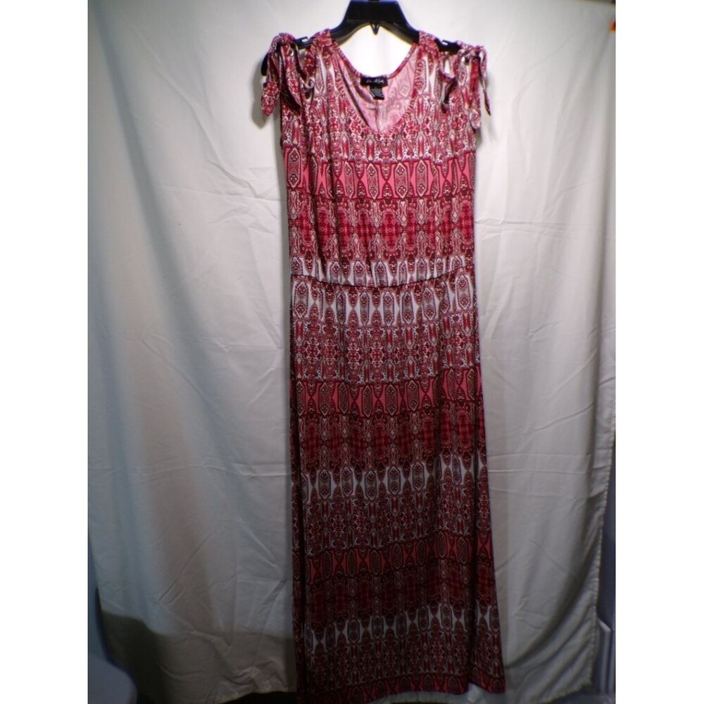 Elle McCarthy Women's Large Red White Geometric Maxi Dress V Neck